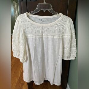 LOFT Cream Short Sleeve Top with Lace Accents